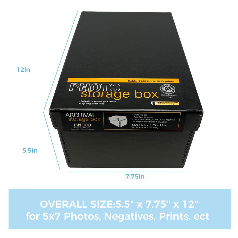 Lineco Archival Photo Storage Box, Holds up to 1100 of 5x7 Pictures, 4x6 Photograph Container with Removable Lid. Preserve Snapshot, Negatives, Prints, Films, Card, 5"x7"x12", Black - Image 2